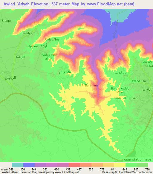 Awlad `Atiyah,Libya Elevation Map