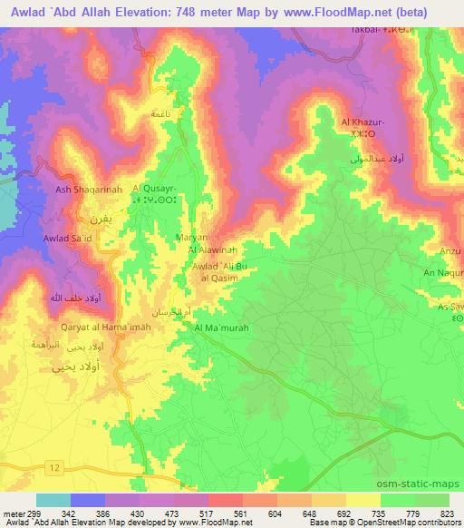 Awlad `Abd Allah,Libya Elevation Map