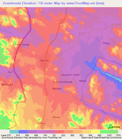 Zoumbouda,Cameroon Elevation Map