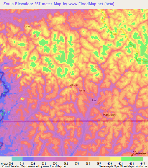 Zoula,Cameroon Elevation Map