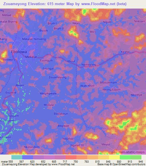 Zouameyong,Cameroon Elevation Map