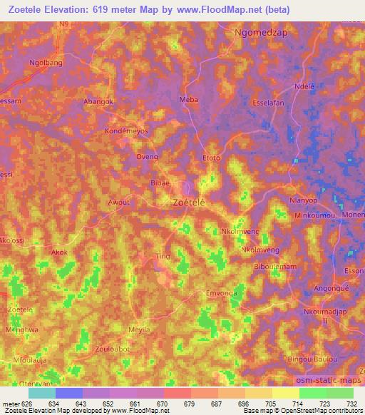 Zoetele,Cameroon Elevation Map