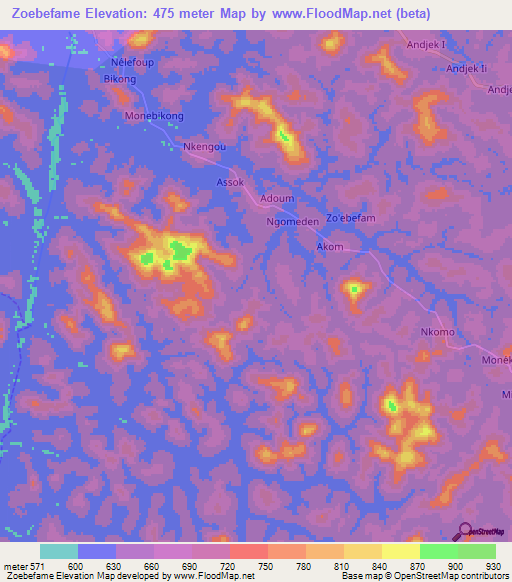 Zoebefame,Cameroon Elevation Map