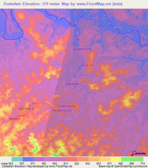 Zoebefam,Cameroon Elevation Map