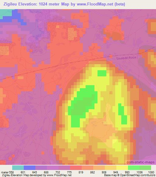 Zigileu,Cameroon Elevation Map