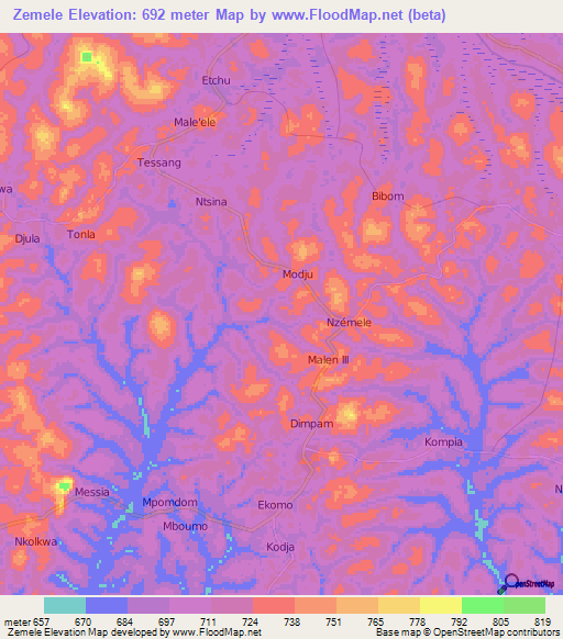 Zemele,Cameroon Elevation Map