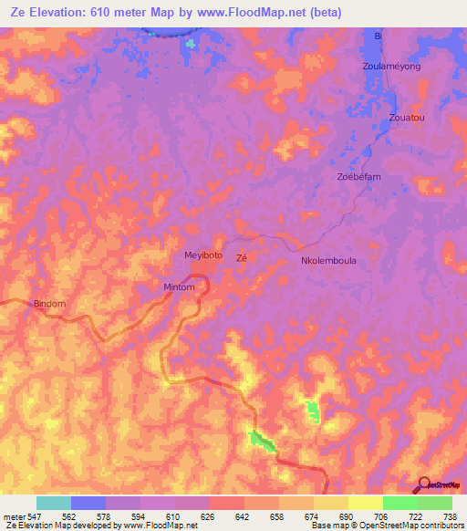 Ze,Cameroon Elevation Map