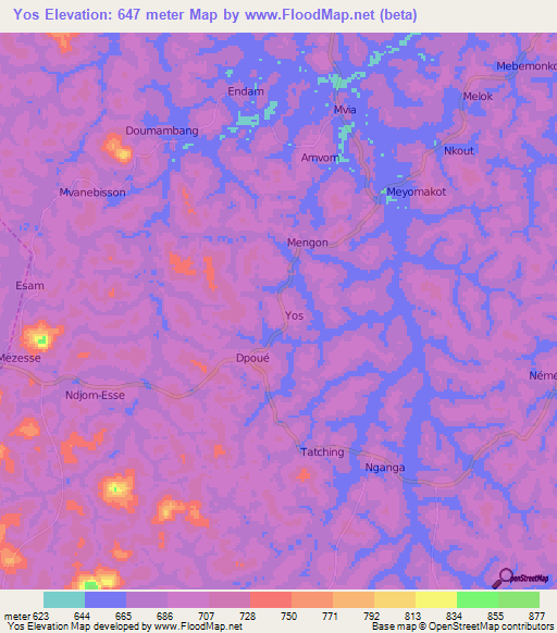 Yos,Cameroon Elevation Map