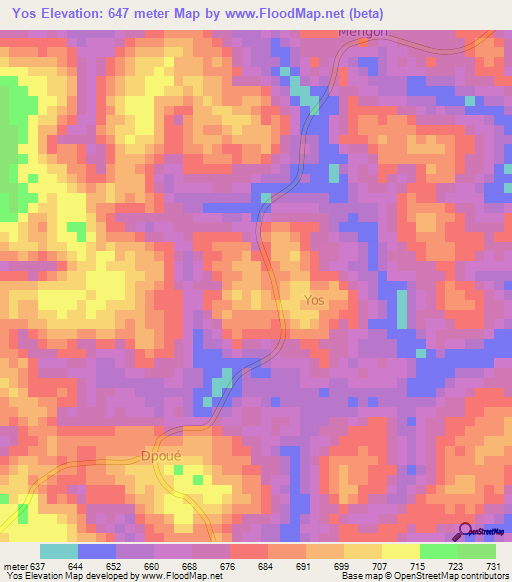 Yos,Cameroon Elevation Map