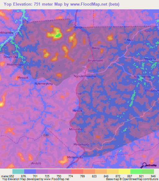 Yop,Cameroon Elevation Map