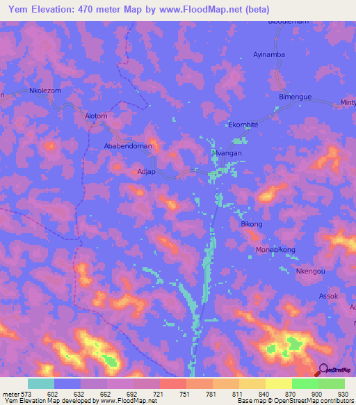 Yem,Cameroon Elevation Map