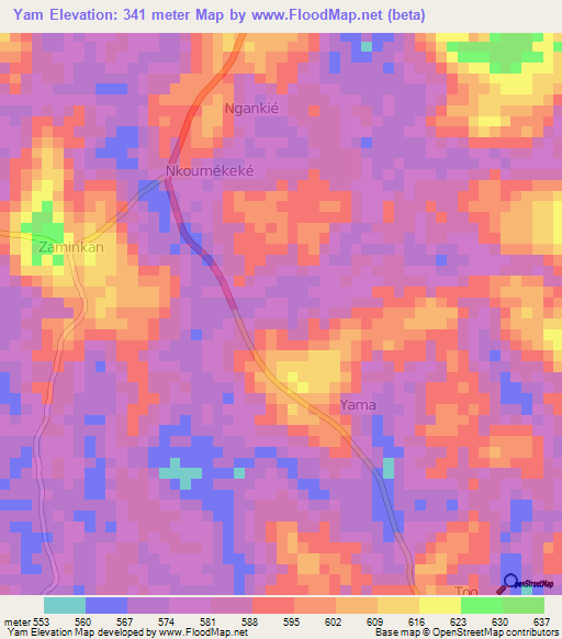 Yam,Cameroon Elevation Map