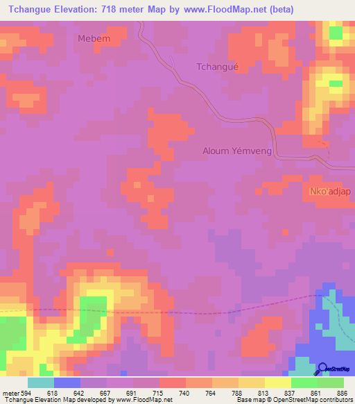 Tchangue,Cameroon Elevation Map