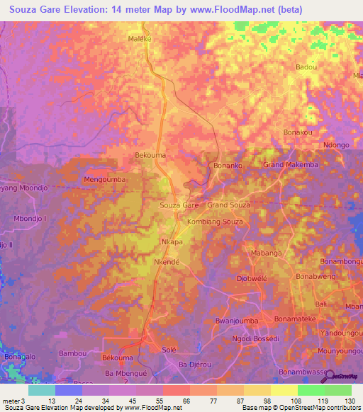 Souza Gare,Cameroon Elevation Map