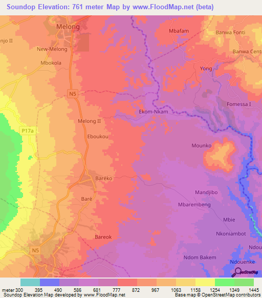 Soundop,Cameroon Elevation Map