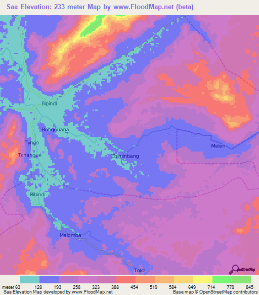 Saa,Cameroon Elevation Map