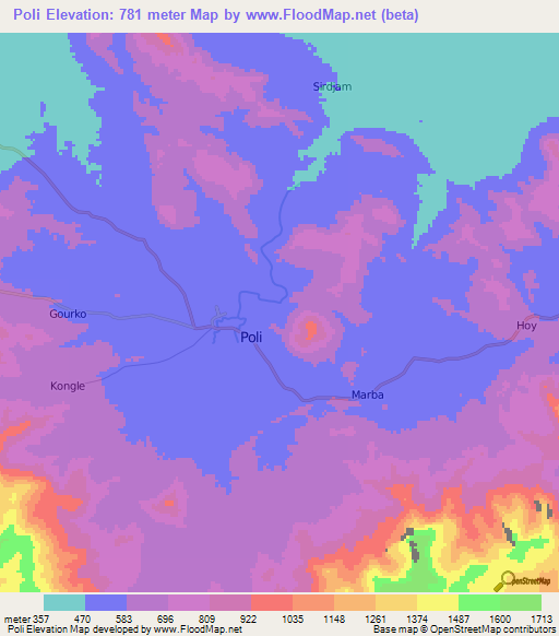 Poli,Cameroon Elevation Map