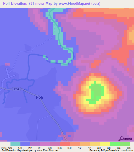 Poli,Cameroon Elevation Map