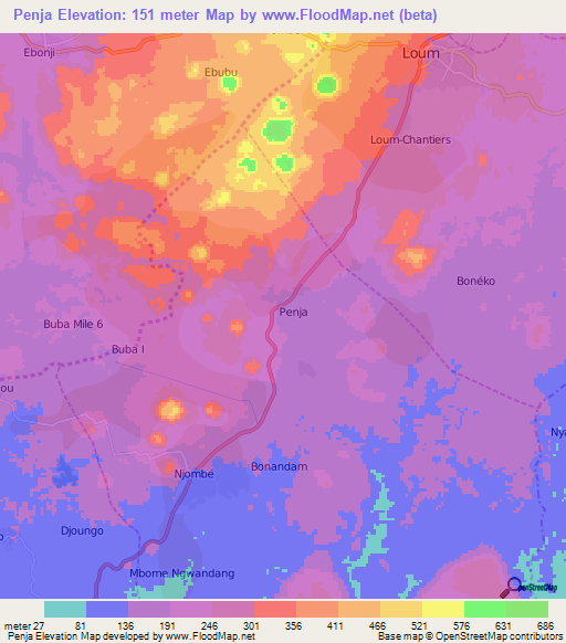 Penja,Cameroon Elevation Map