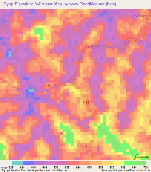 Oyop,Cameroon Elevation Map