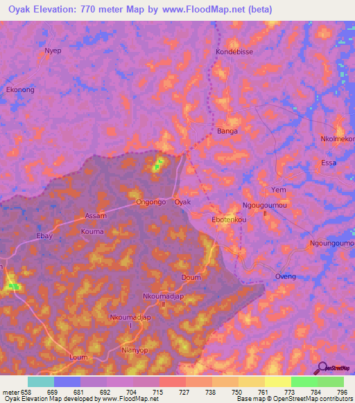 Oyak,Cameroon Elevation Map