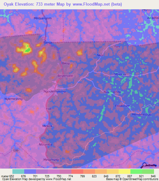 Oyak,Cameroon Elevation Map