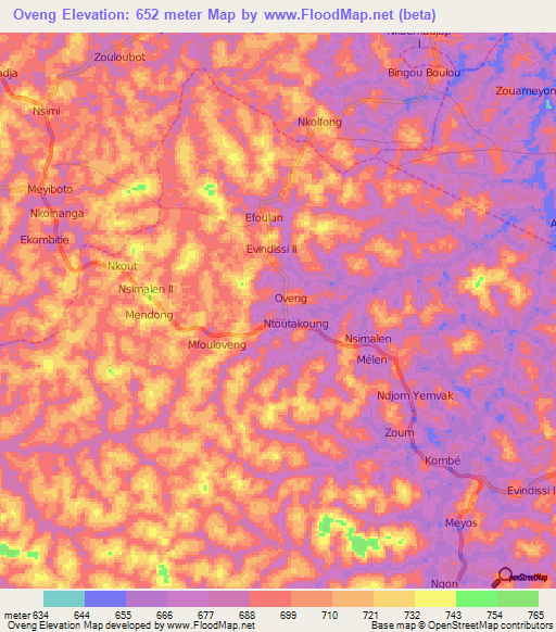 Oveng,Cameroon Elevation Map