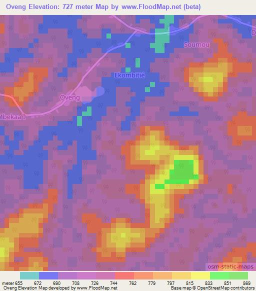 Oveng,Cameroon Elevation Map