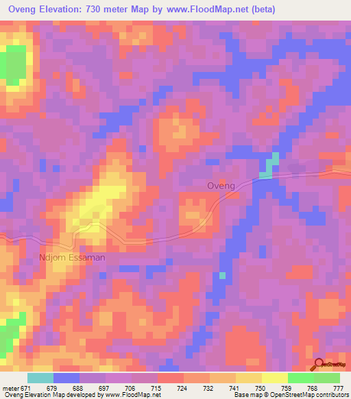 Oveng,Cameroon Elevation Map