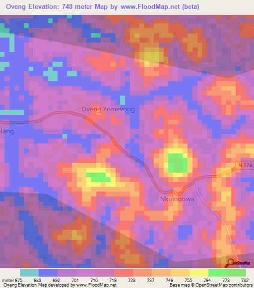 Oveng,Cameroon Elevation Map