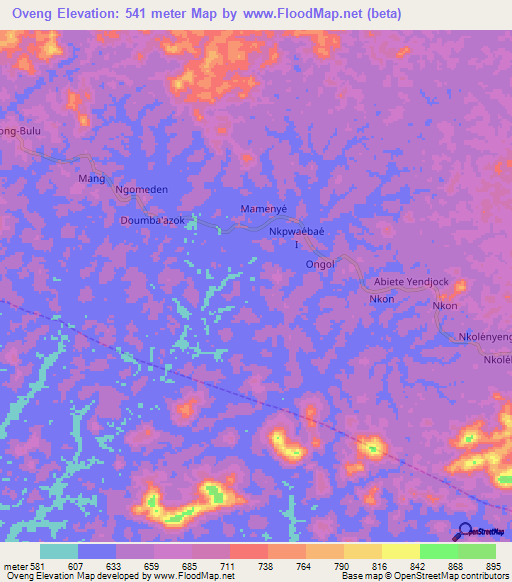 Oveng,Cameroon Elevation Map