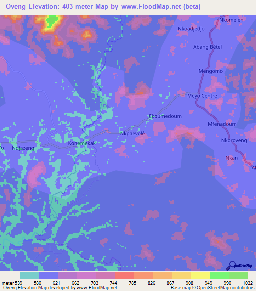 Oveng,Cameroon Elevation Map