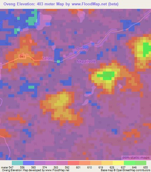 Oveng,Cameroon Elevation Map