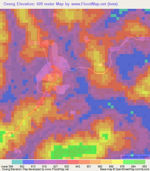 Oveng,Cameroon Elevation Map