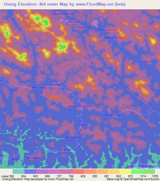 Oveng,Cameroon Elevation Map