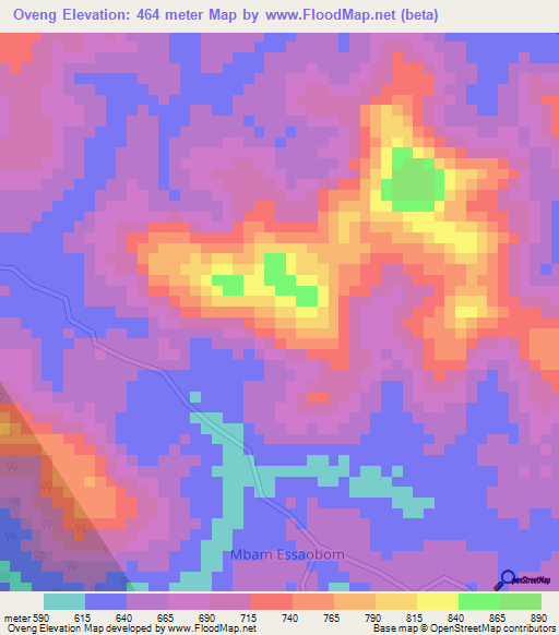 Oveng,Cameroon Elevation Map