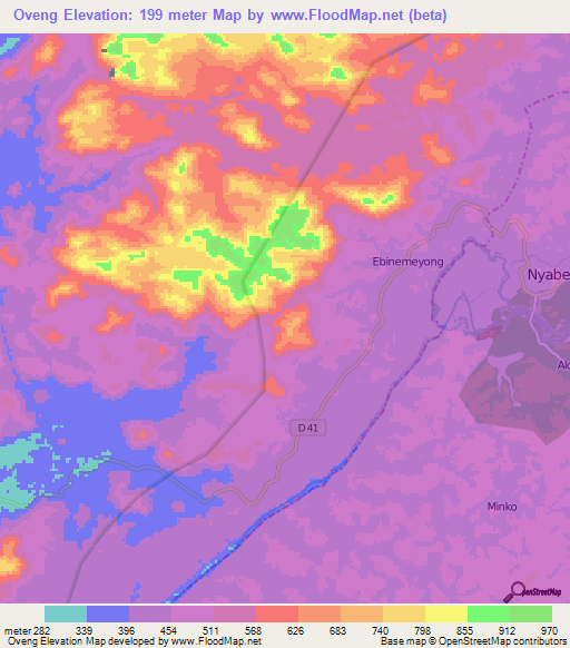 Oveng,Cameroon Elevation Map