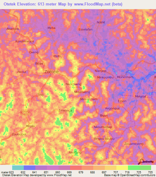 Otetek,Cameroon Elevation Map