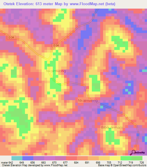 Otetek,Cameroon Elevation Map