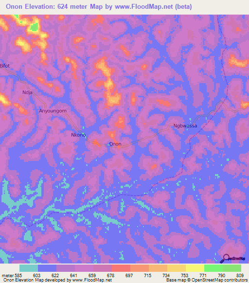 Onon,Cameroon Elevation Map