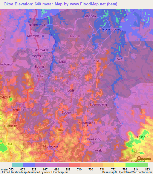 Okoa,Cameroon Elevation Map