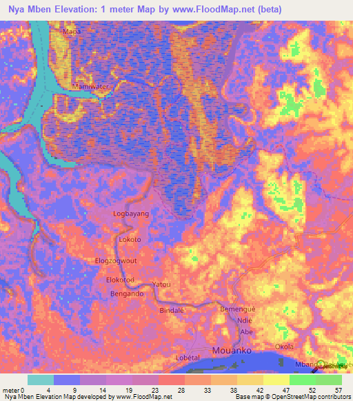 Nya Mben,Cameroon Elevation Map