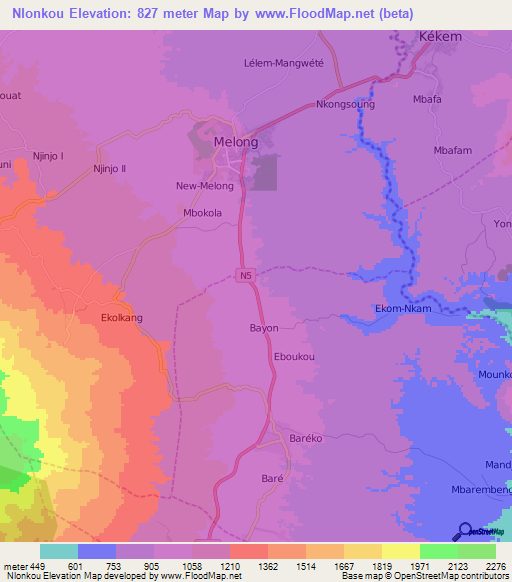 Nlonkou,Cameroon Elevation Map