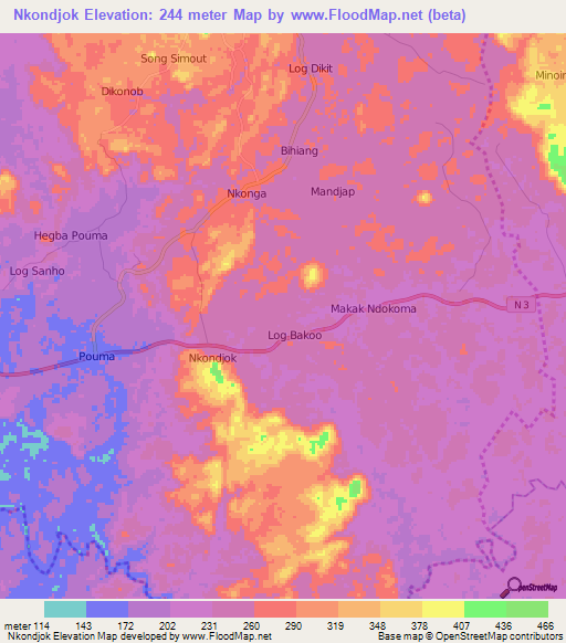 Nkondjok,Cameroon Elevation Map