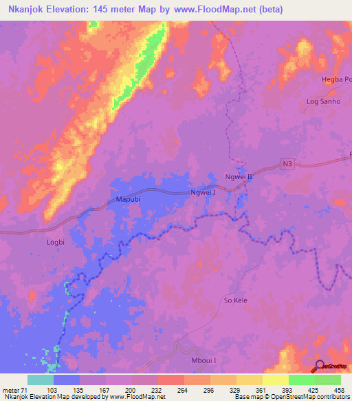 Nkanjok,Cameroon Elevation Map