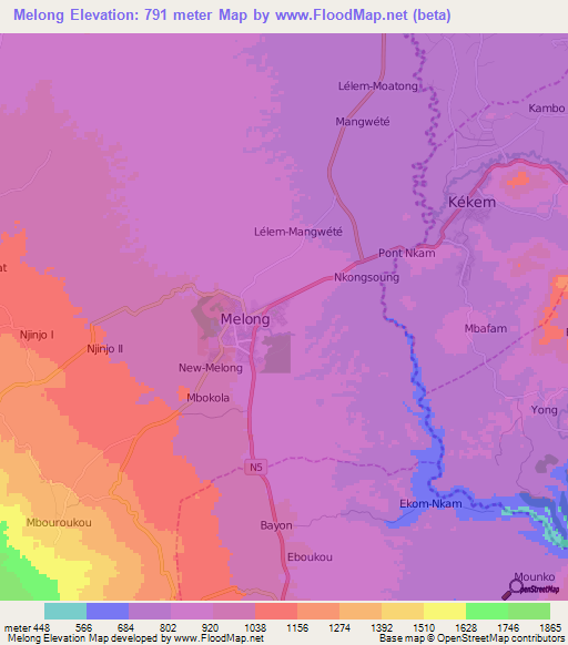 Melong,Cameroon Elevation Map