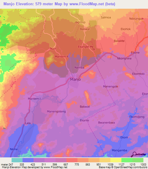 Manjo,Cameroon Elevation Map