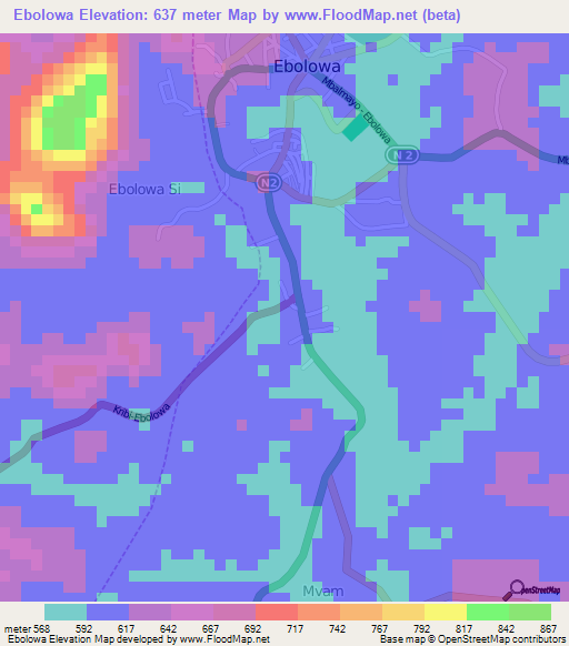 Ebolowa,Cameroon Elevation Map