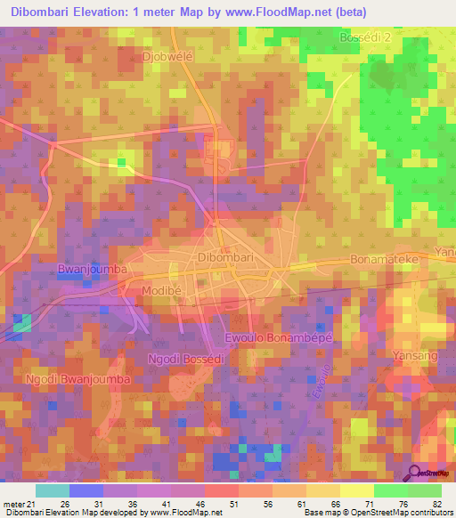 Dibombari,Cameroon Elevation Map