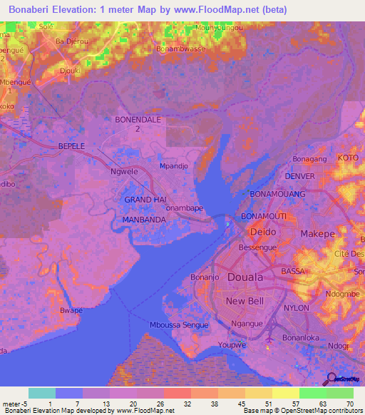 Bonaberi,Cameroon Elevation Map